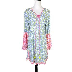 Z&L Pink Blue Ornamental Paisley Colorful Bell Sleeve Coverup Tunic Mini Dress